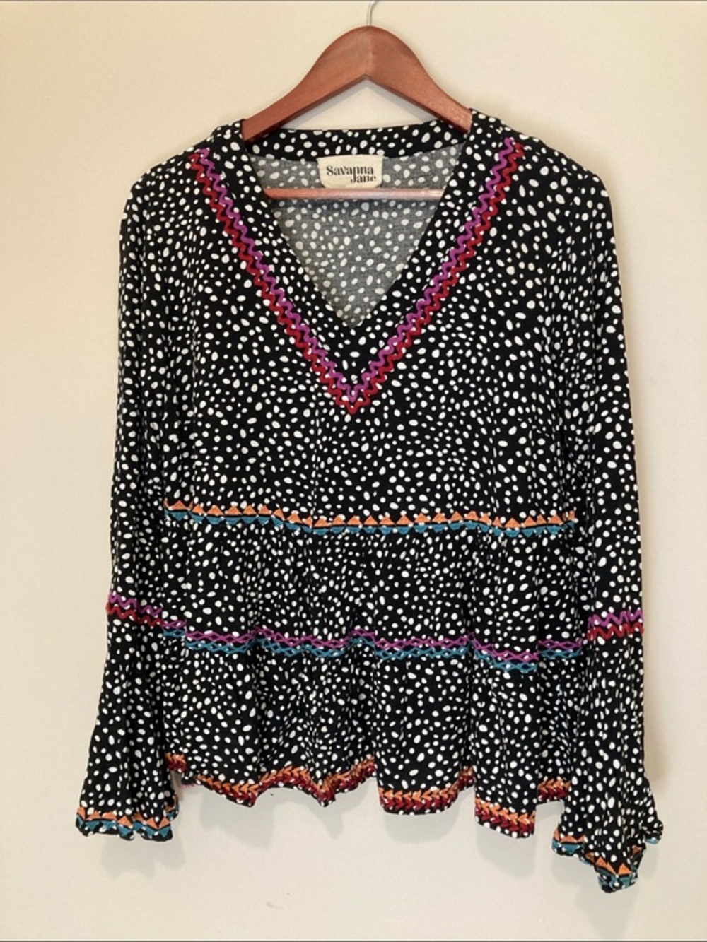 Savanna Jane Black & White Polka Dot V-Neck Top with Colorful Trim